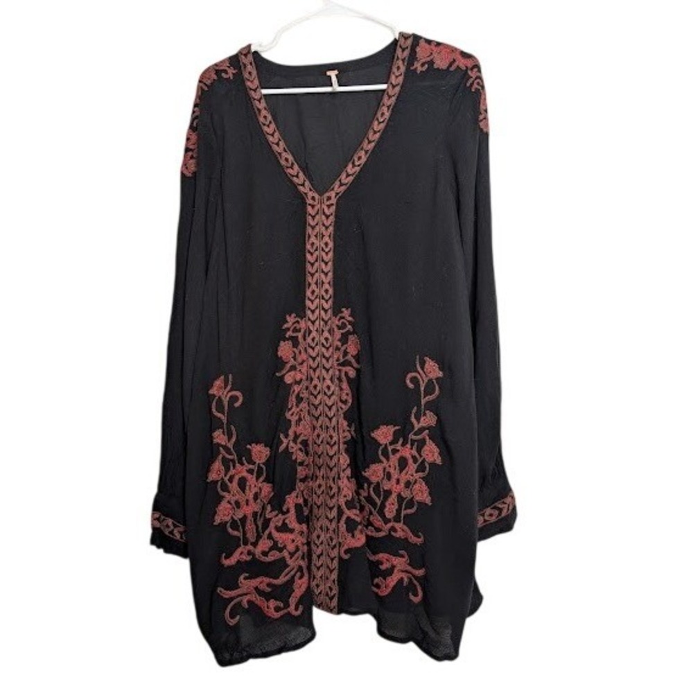 Free People Womens Small Black Embroidered Long Sleeve Dress‎ Boho Long Sleeve